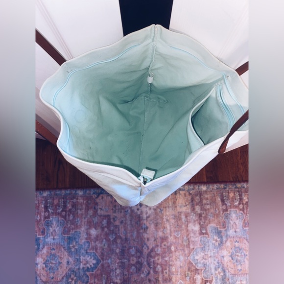 “Choose Happy” Tote, Canvas Fabric light blue color with leather handles. - Picture 3 of 3